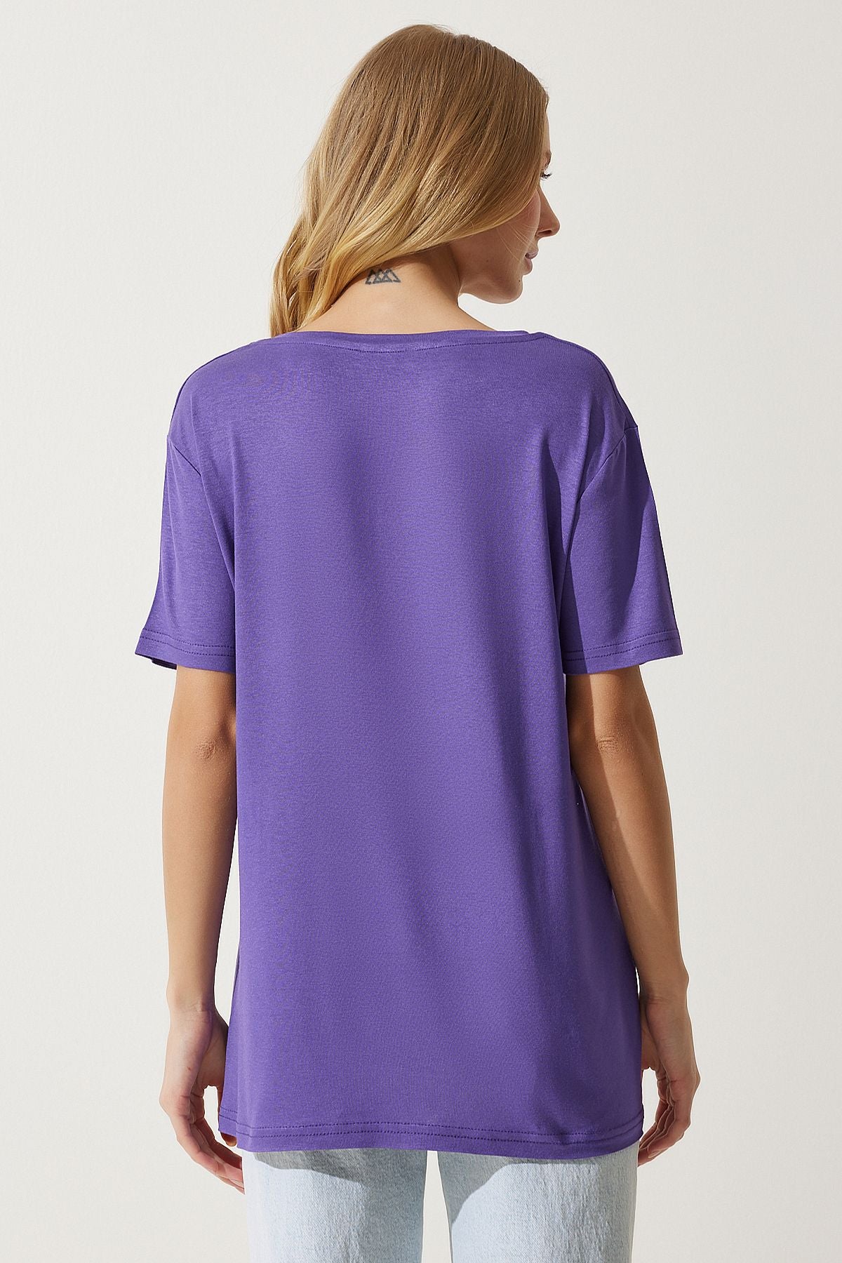 Mor V Yaka Basic Viskon Örme T-Shirt EN00613