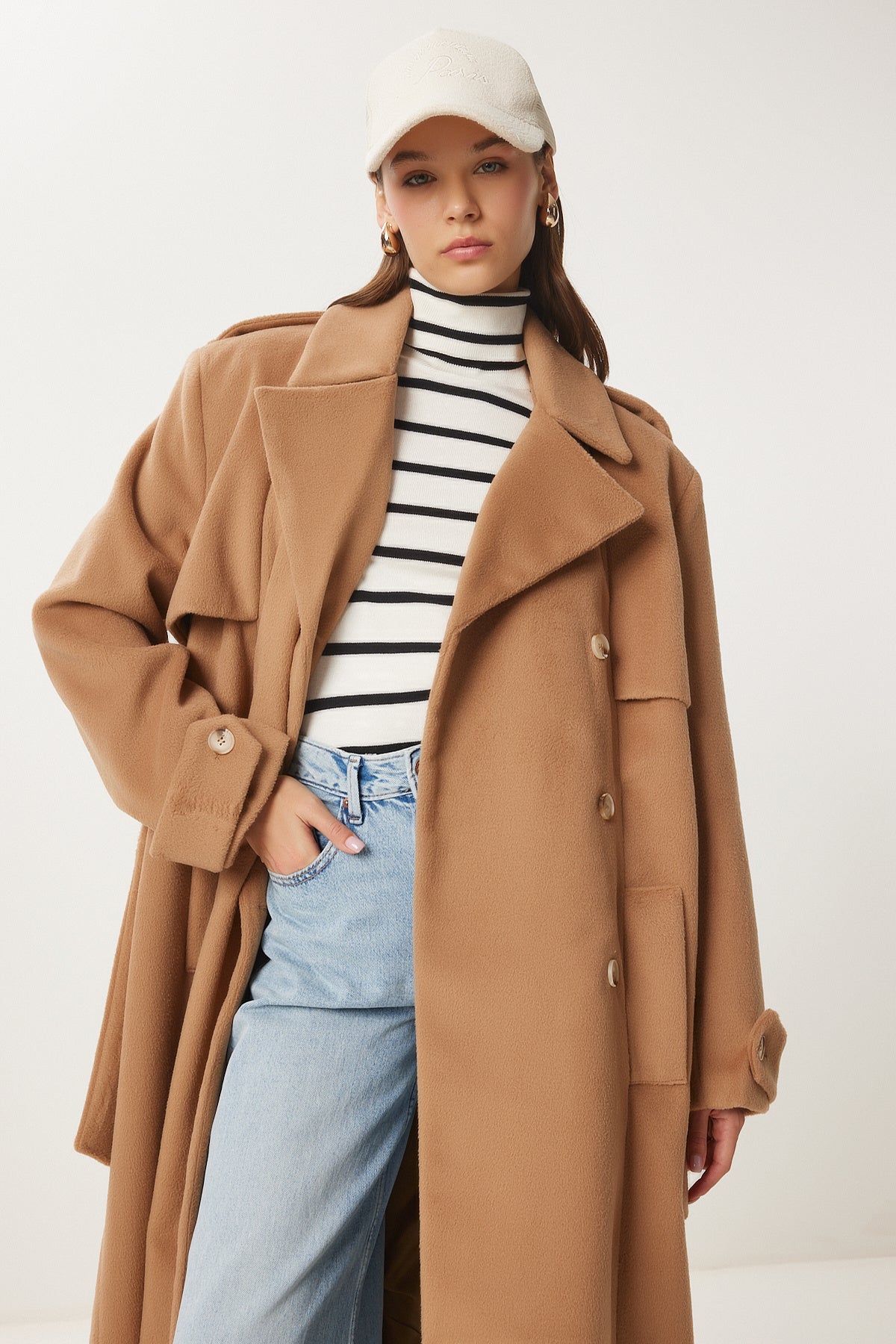 Bisküvi Premium Oversize Kaşe Kaban FN03441