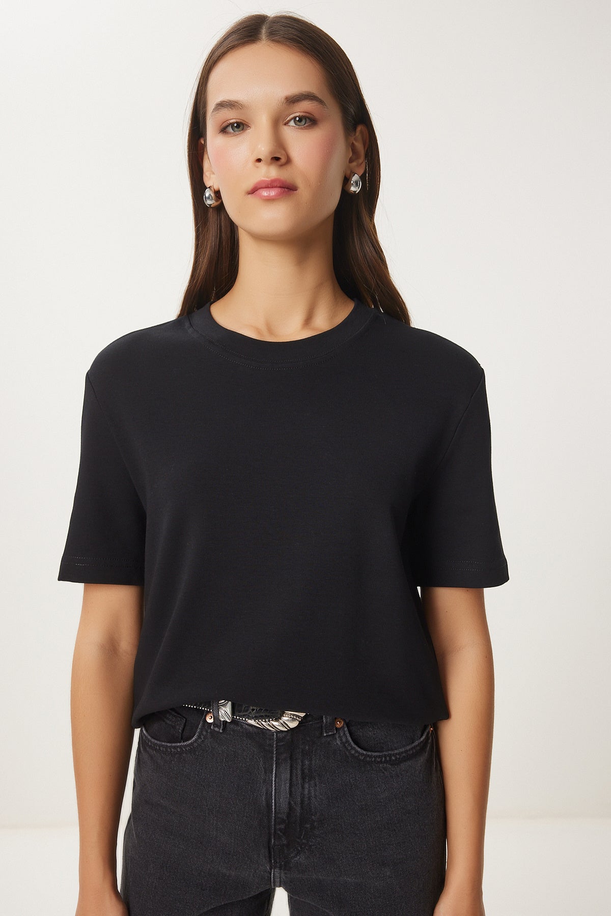 Siyah Beyaz 2'Li Paket Pamuklu Basic Örme T-Shirt AG00002
