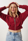 Bordo Kapüşonlu Şardonlu Fermuarlı Sweatshirt OW00051
