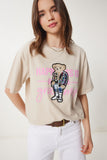 Krem Ayıcık Armalı Pamuklu Oversize Örme T-Shirt CR00461
