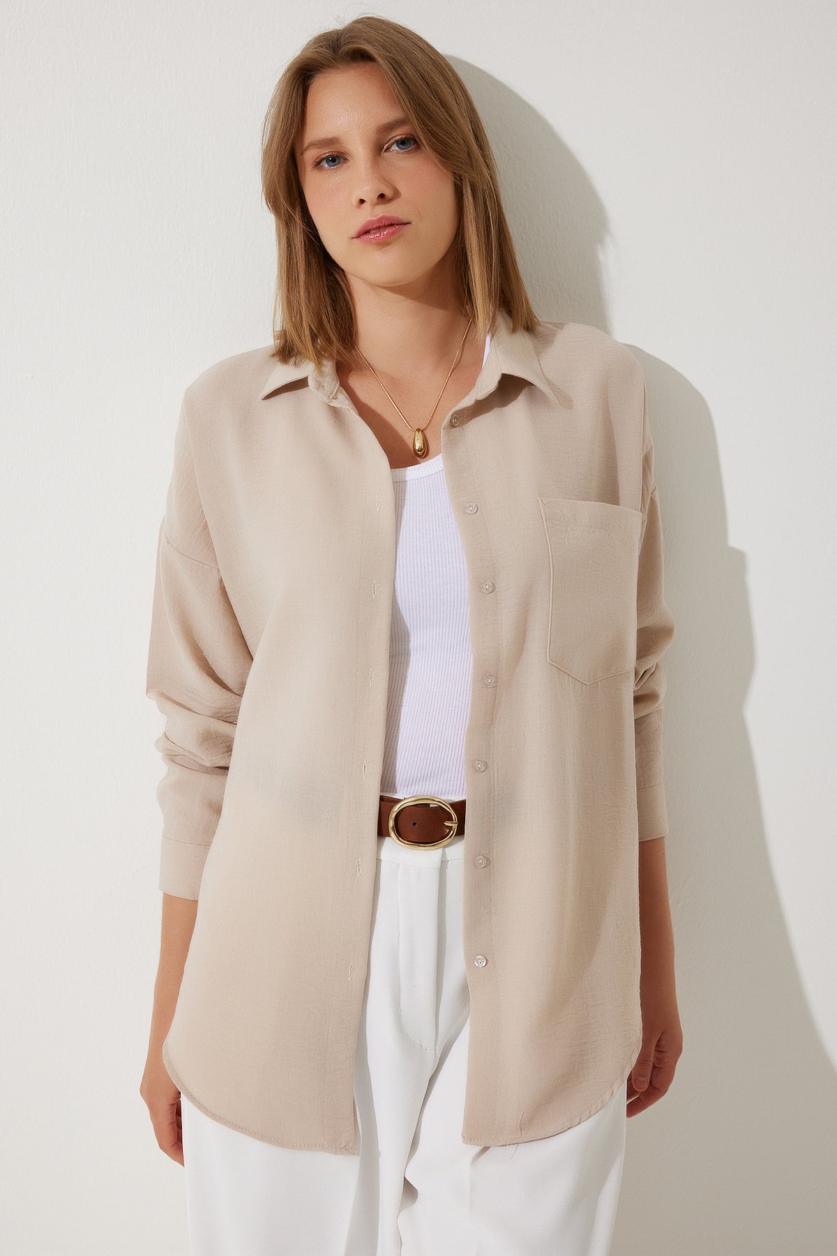 Açık Bej Oversize Keten Ayrobin Gömlek DD01222