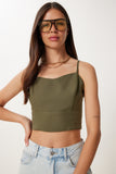 Haki Askılı Crop Keten Bluz MX00219