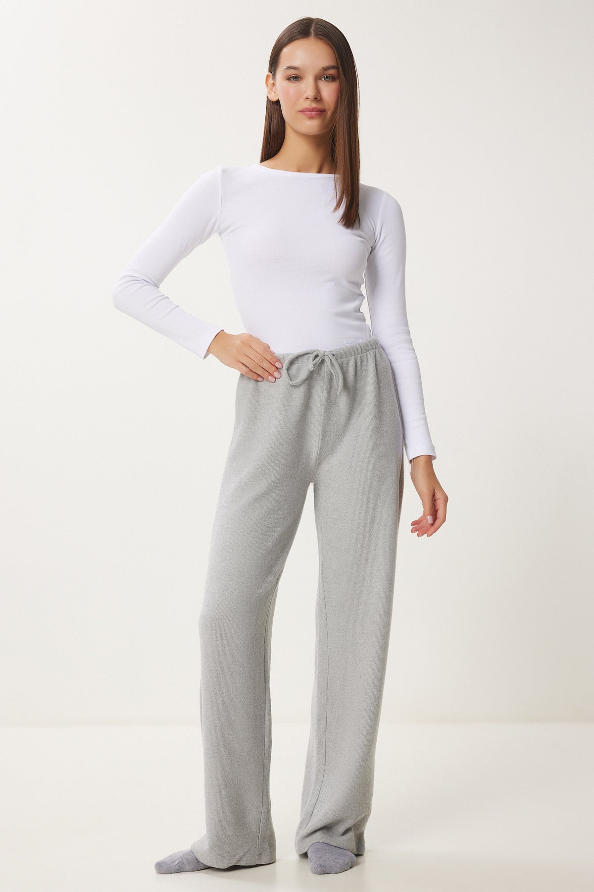 Gri Melanj Yumoş Bol Örme Pantolon UB00295