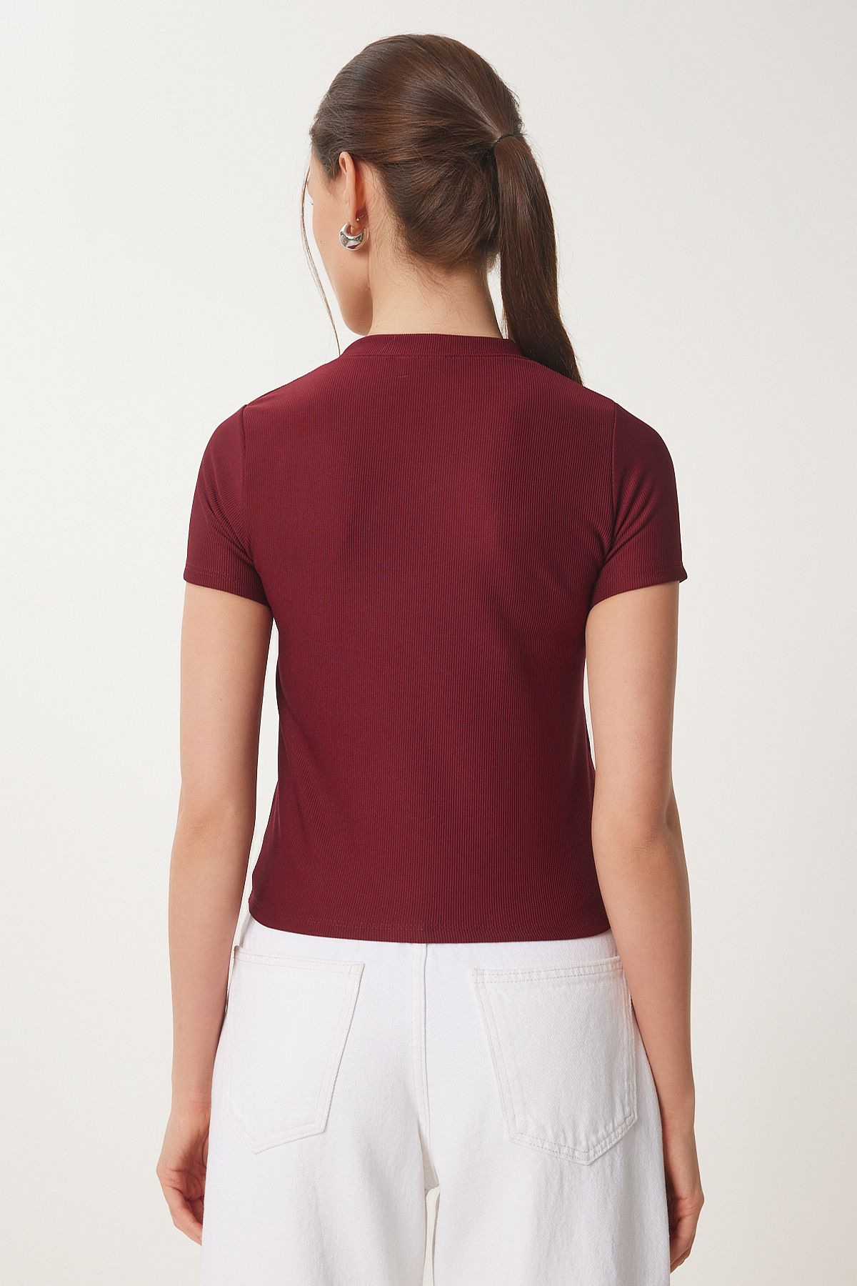 Bordo Boncuklu Fiyonk Detaylı Örme T-Shirt ZV00290