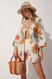Bej Oranj Desenli Keten Viskon Kimono BH00381
