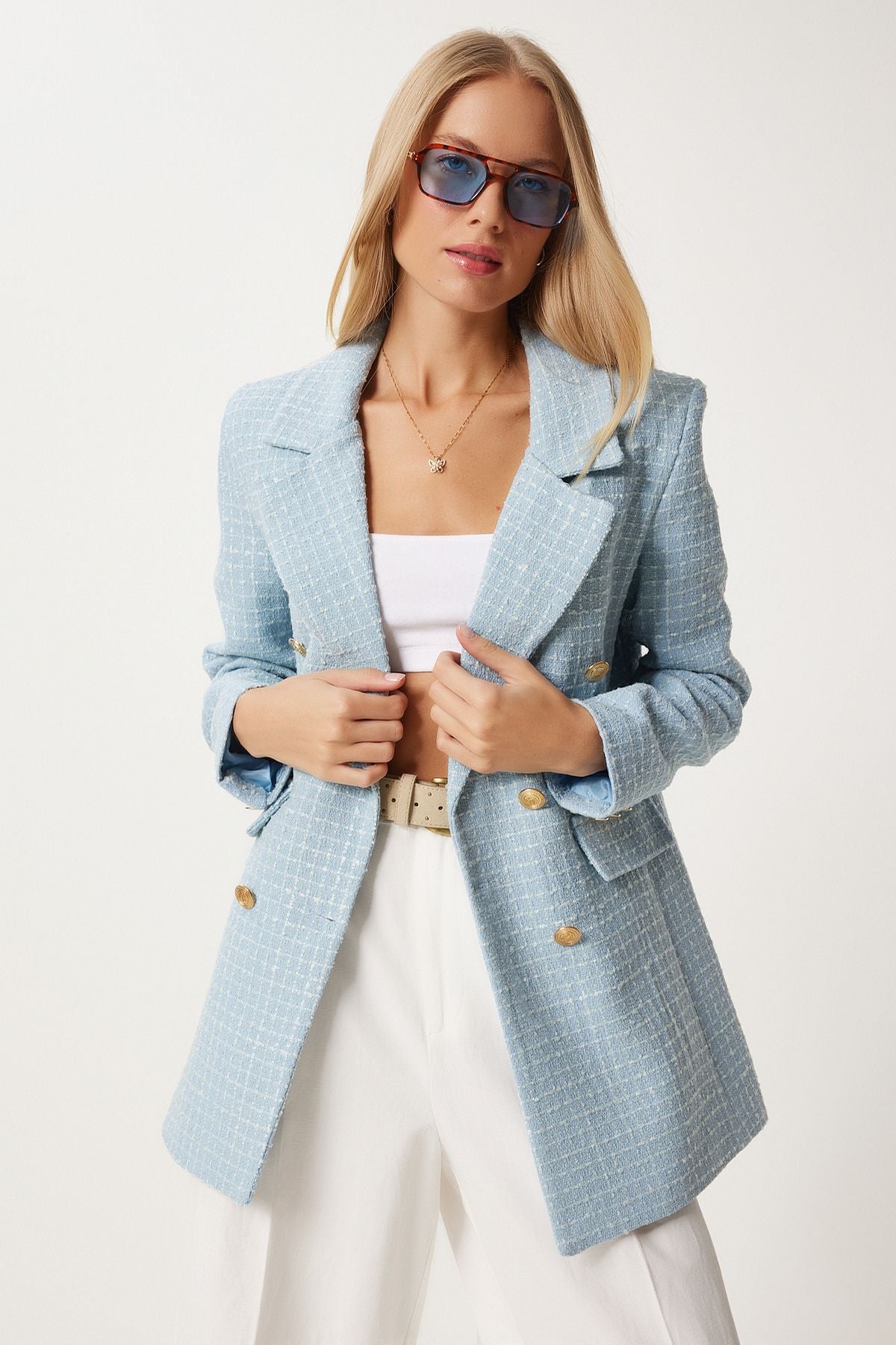 Gök Mavi Dügmeli Blazer Tüvit Ceket WF00004