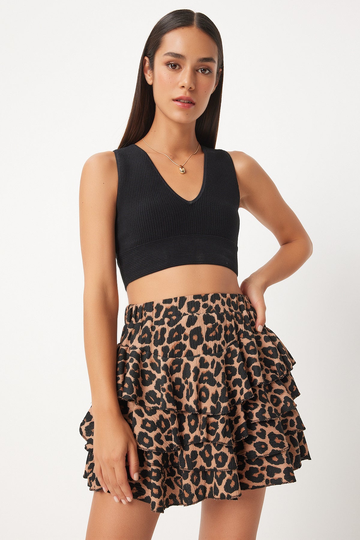 Siyah Bej Leopar Desenli Mini Örme Şort Etek KQ00004