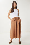 Camel Beyaz Esnek Örme Üstlü Poplin Etekli Elbise UB00379