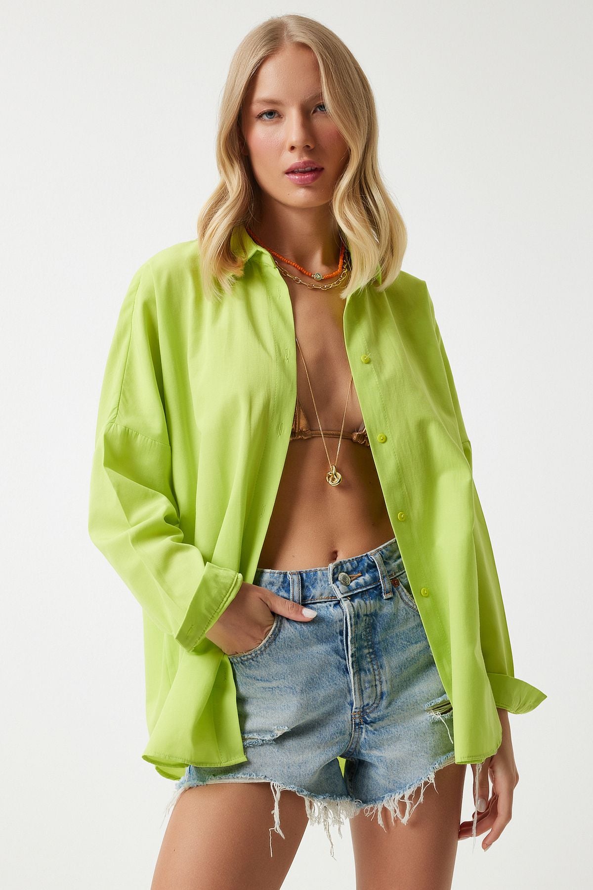 Fıstık Yeşili Oversize Uzun Basic Gömlek MX00167