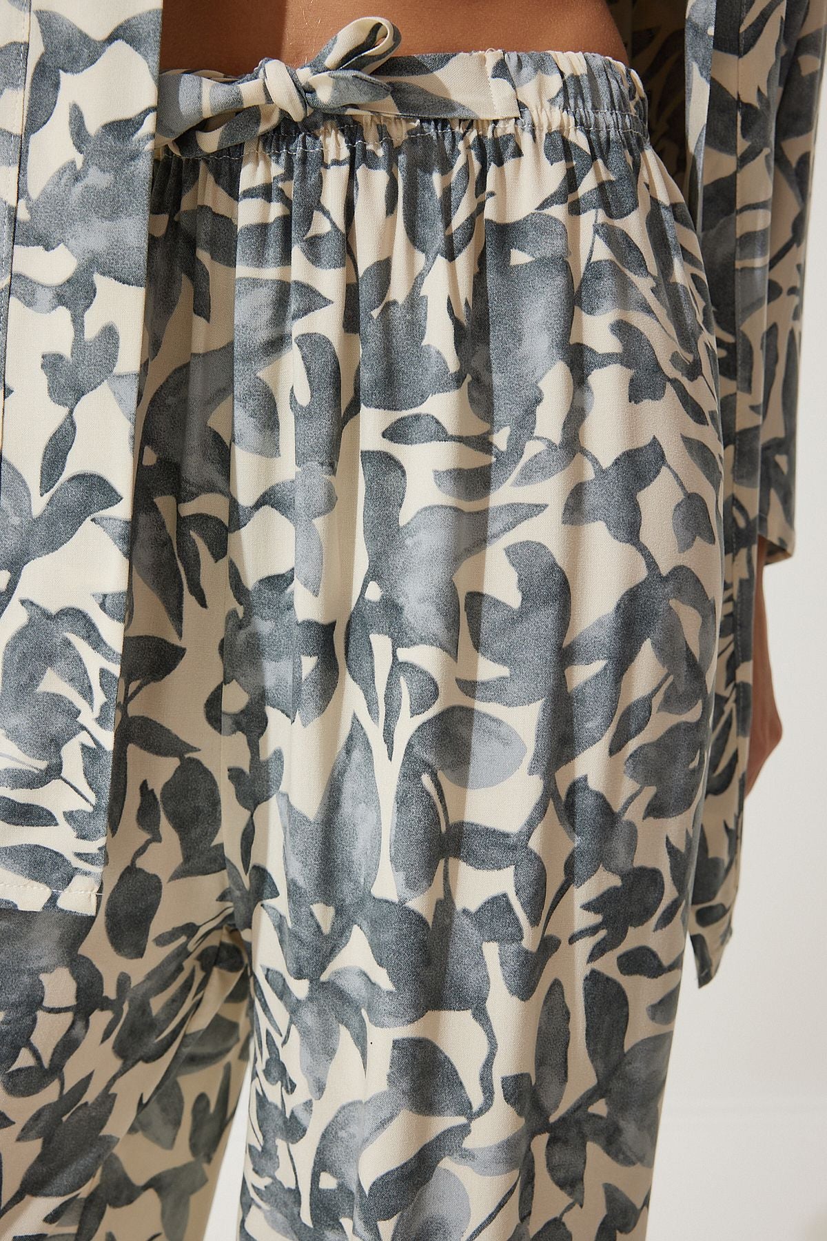 Kemik Gri Desenli Kimono Palazzo Pantolon Takım EN00614