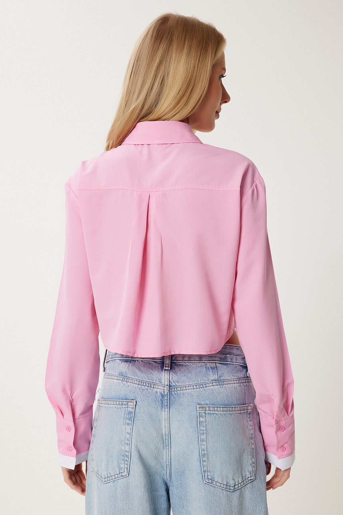 Pembe Kontrast Renkli Dokuma Crop Gömlek MX00184