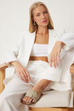 Ekru İnce Çizgili Oversize Kruvaze Ceket TO00152