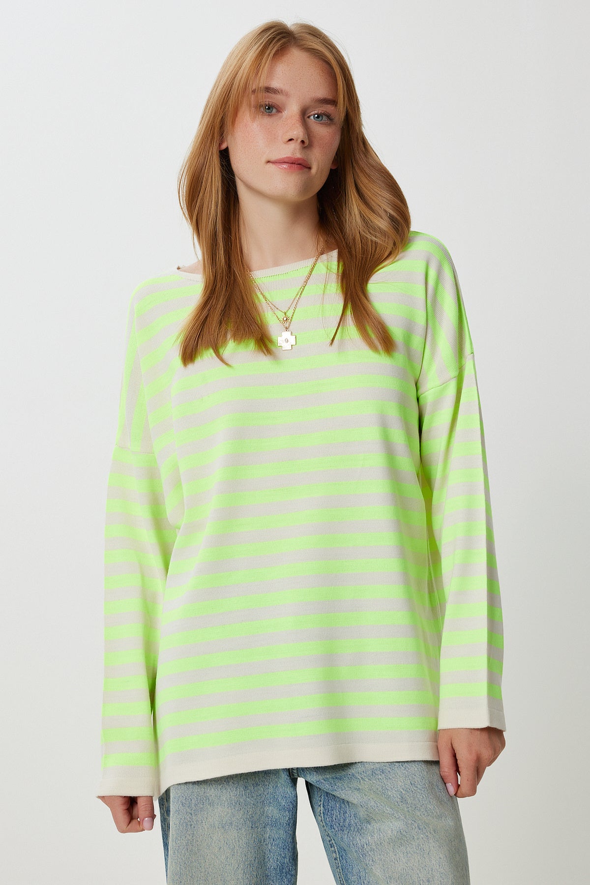 Sarı Krem Çizgili Oversize Triko Kazak Kİ00162