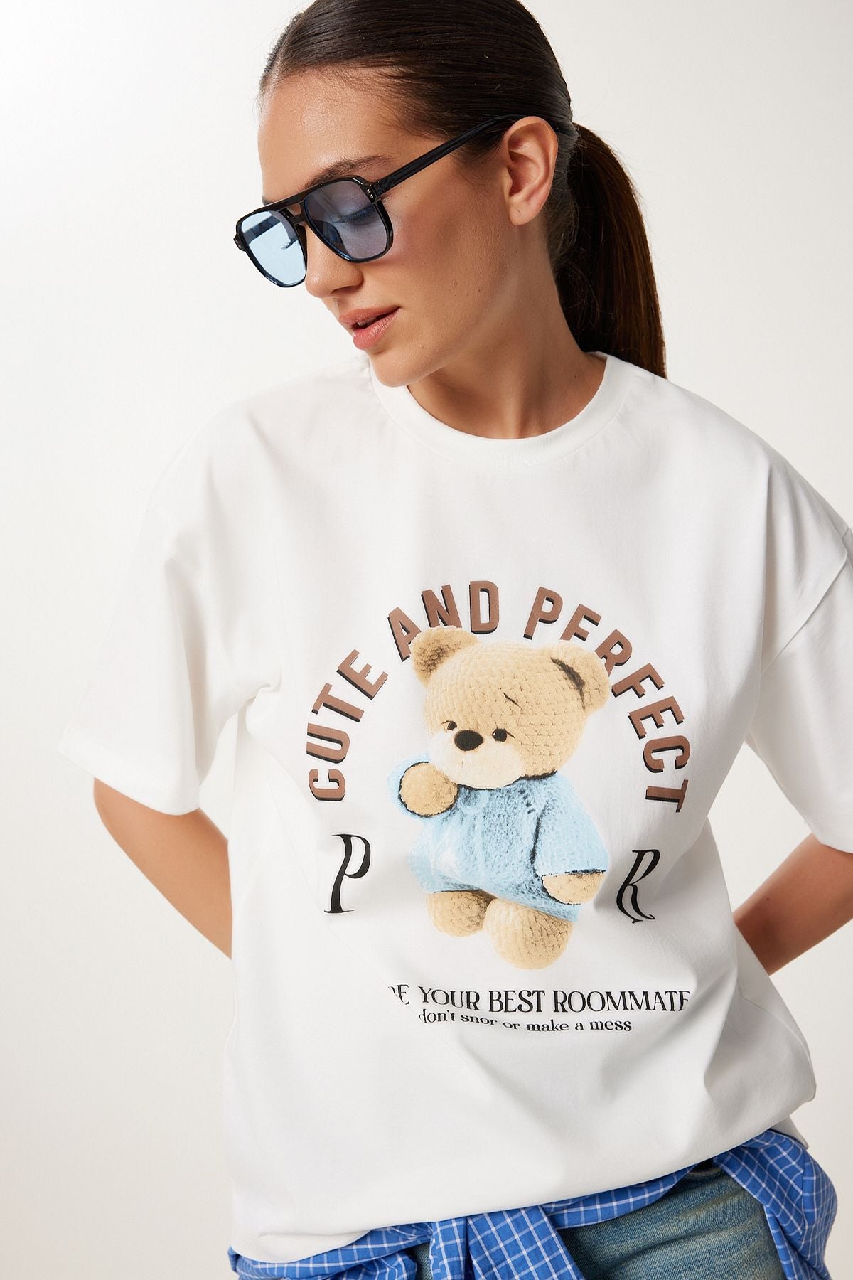 Ekru Baskılı Oversize Pamuklu Örme T-Shirt CR00508