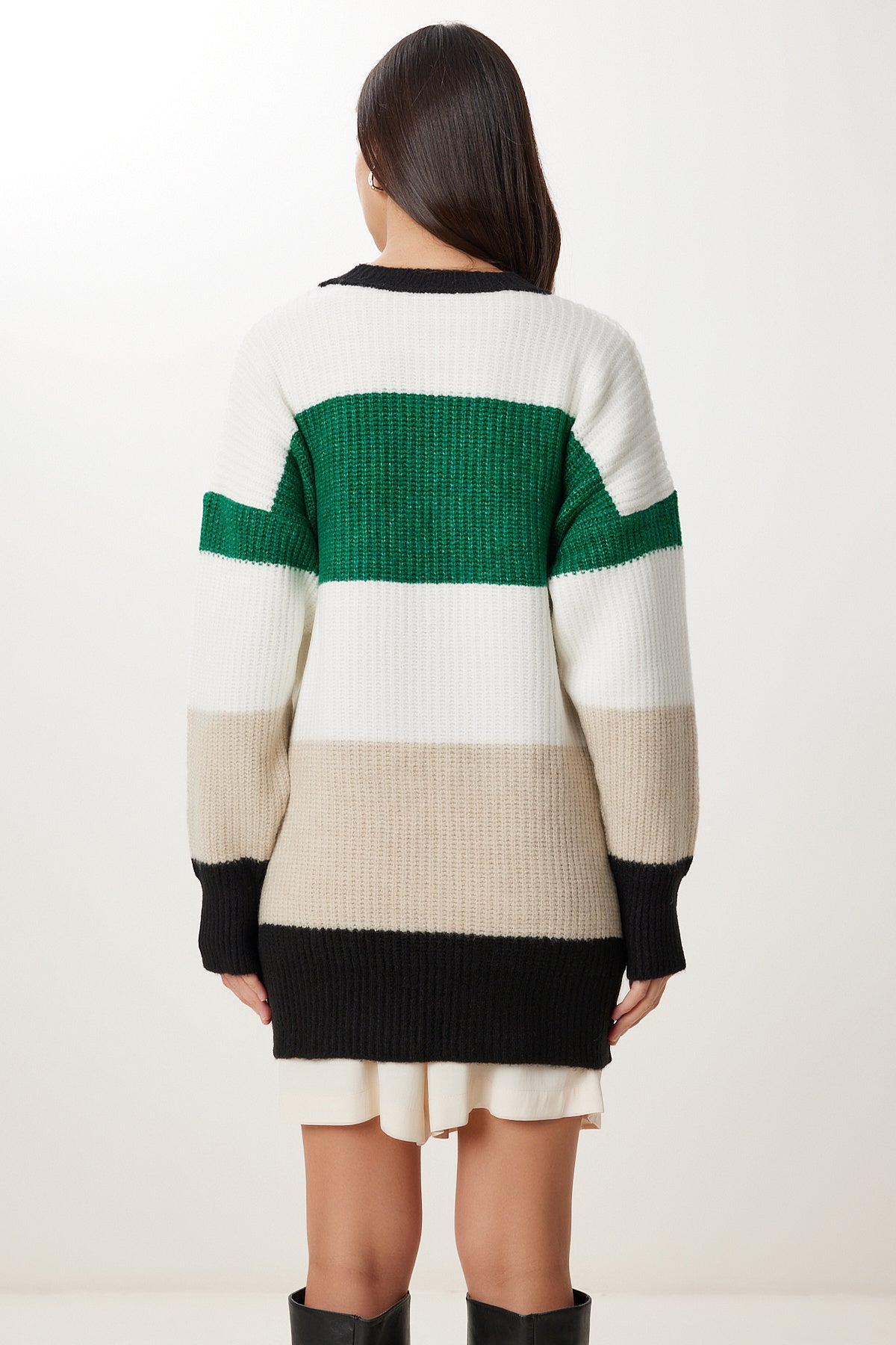 Yeşil Ekru Çizgili Oversize Triko Kazak MX00241