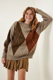 Bej Premium Baklava Desenli Oversize Triko Kazak FN03163