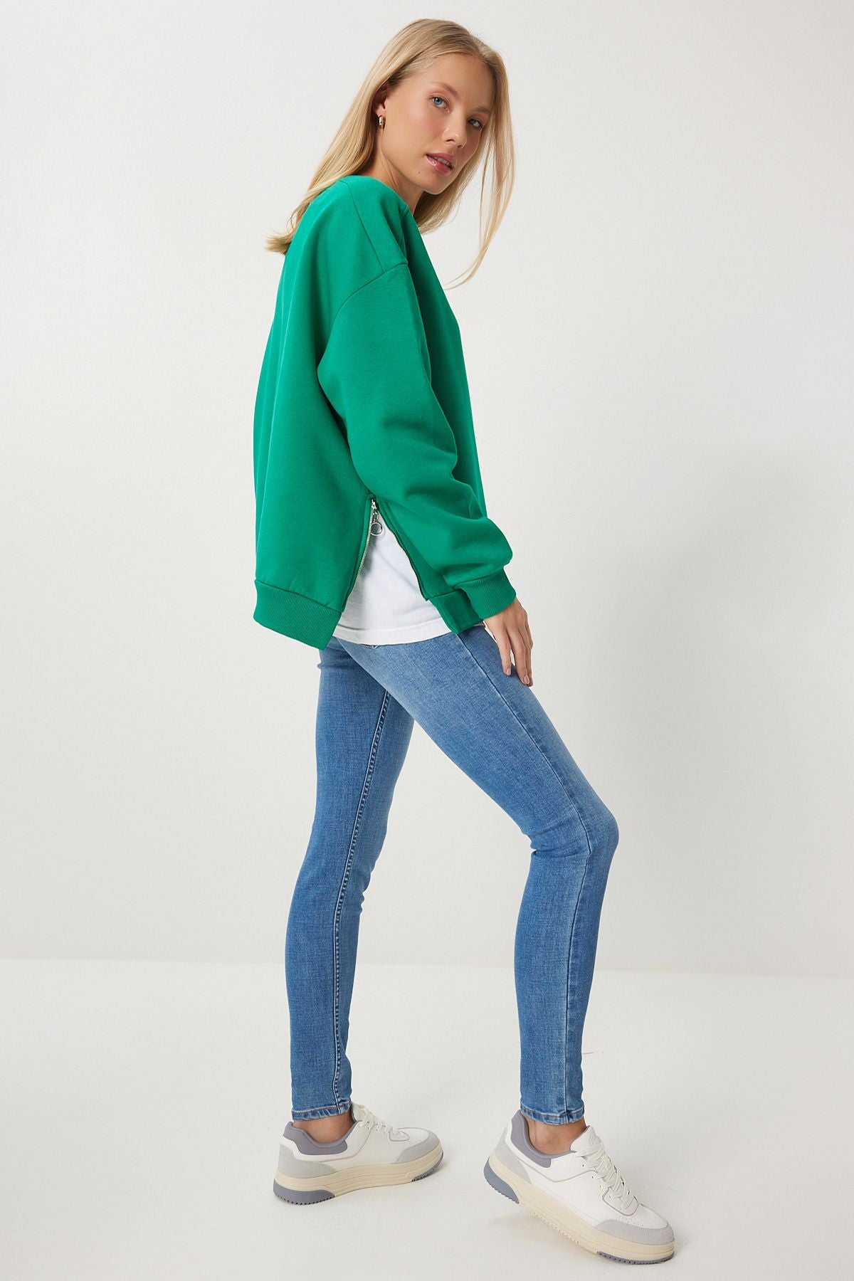 Koyu Yeşil Fermuar Detaylı Şardonlu Örme Sweatshirt UB00148