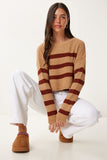 Camel Çizgili Crop Triko Kazak Kİ00139