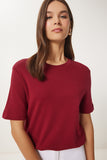Bordo Pamuklu Basic Örme T-Shirt AG00001