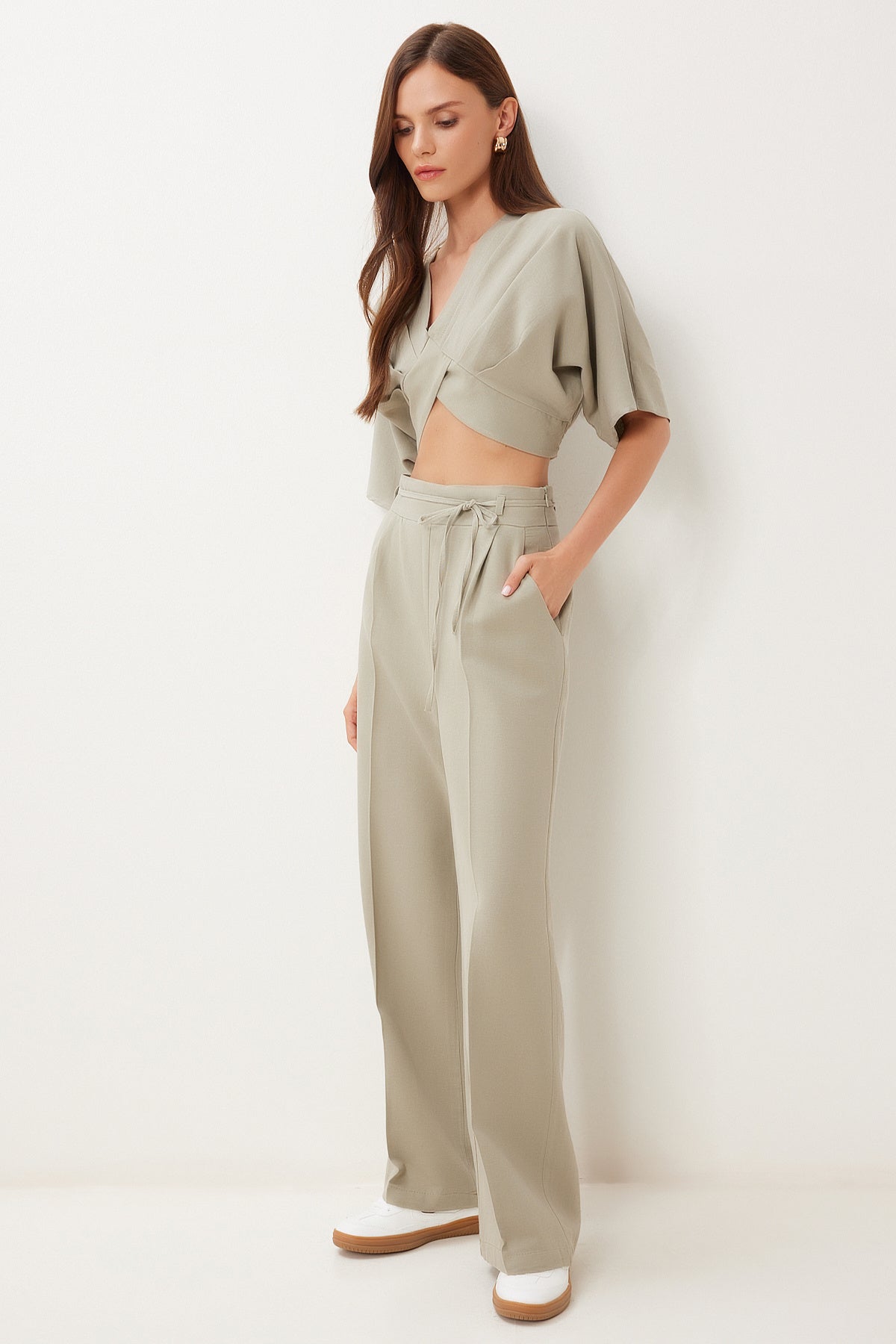 Çağla Yeşili Keten Crop Bluz Pantolon Takım BV00138