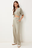 Çağla Yeşili Keten Crop Bluz Pantolon Takım BV00138