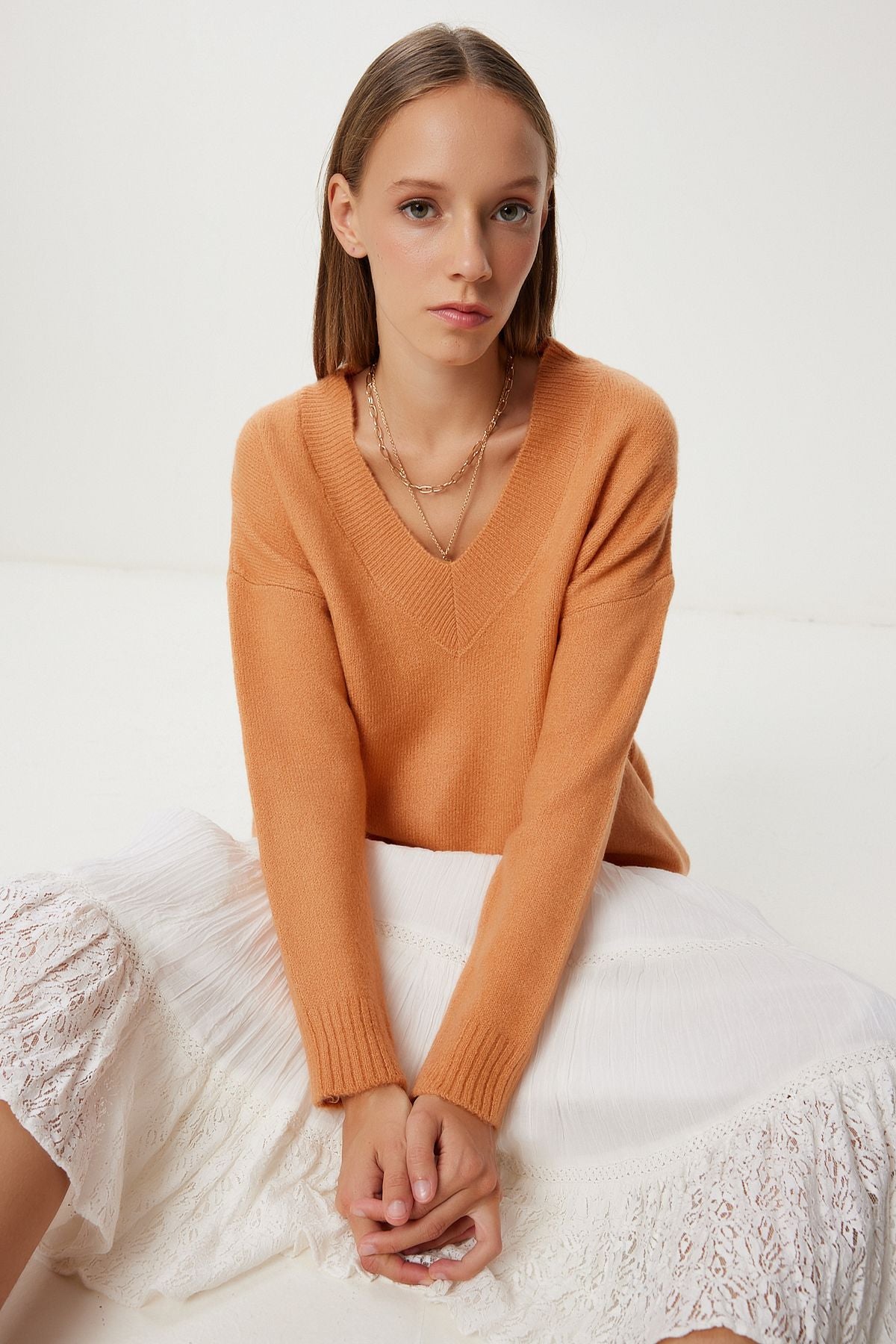 Şeftali V Yaka Oversize Triko Kazak BV00124