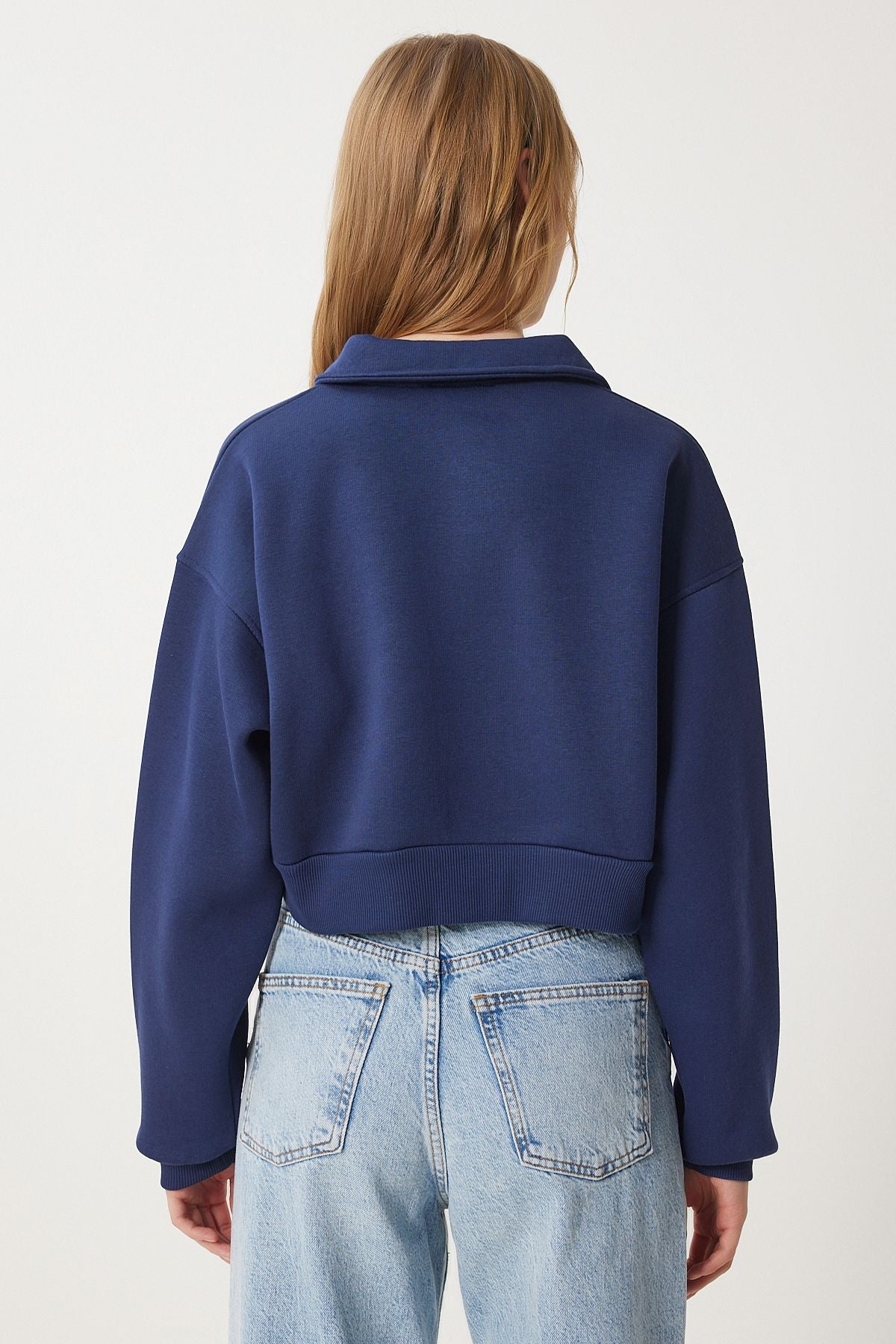 Lacivert Polo Yaka Şardonlu Crop Örme Sweatshirt HW00014