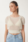 Krem Ajurlu Yazlık Crop Triko Bluz ZA00076