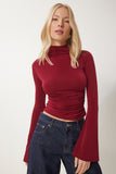 Bordo İspanyol Kol Büzgülü Sandy Örme Bluz EN00634