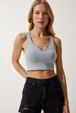 Gri Askılı Crop Örme Bluz OW00030