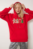 Kırmızı Yılbaşı Temalı Kapüşonlu Şardonlu Örme Sweatshirt TQ00001