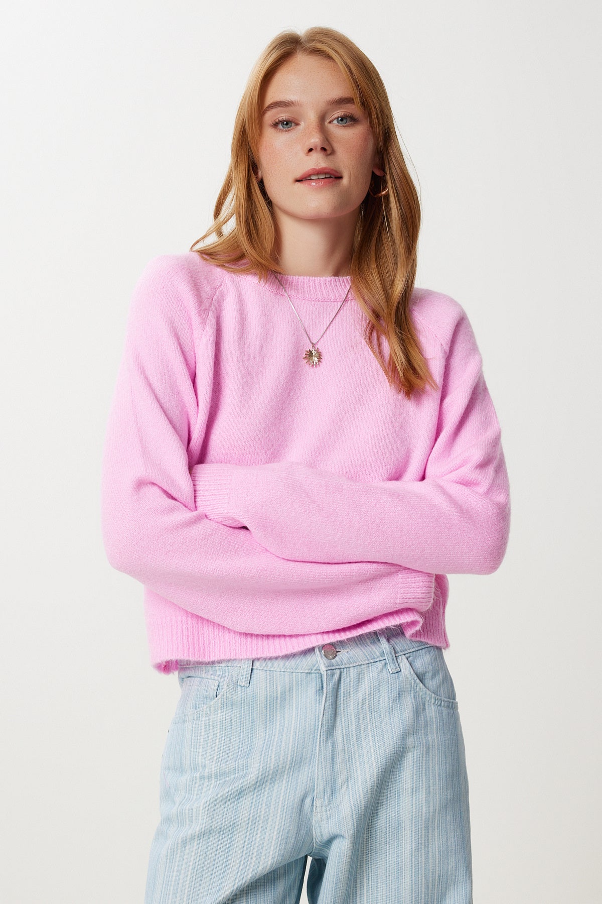 Şeker Pembe Basic Crop Triko Kazak Kİ00149
