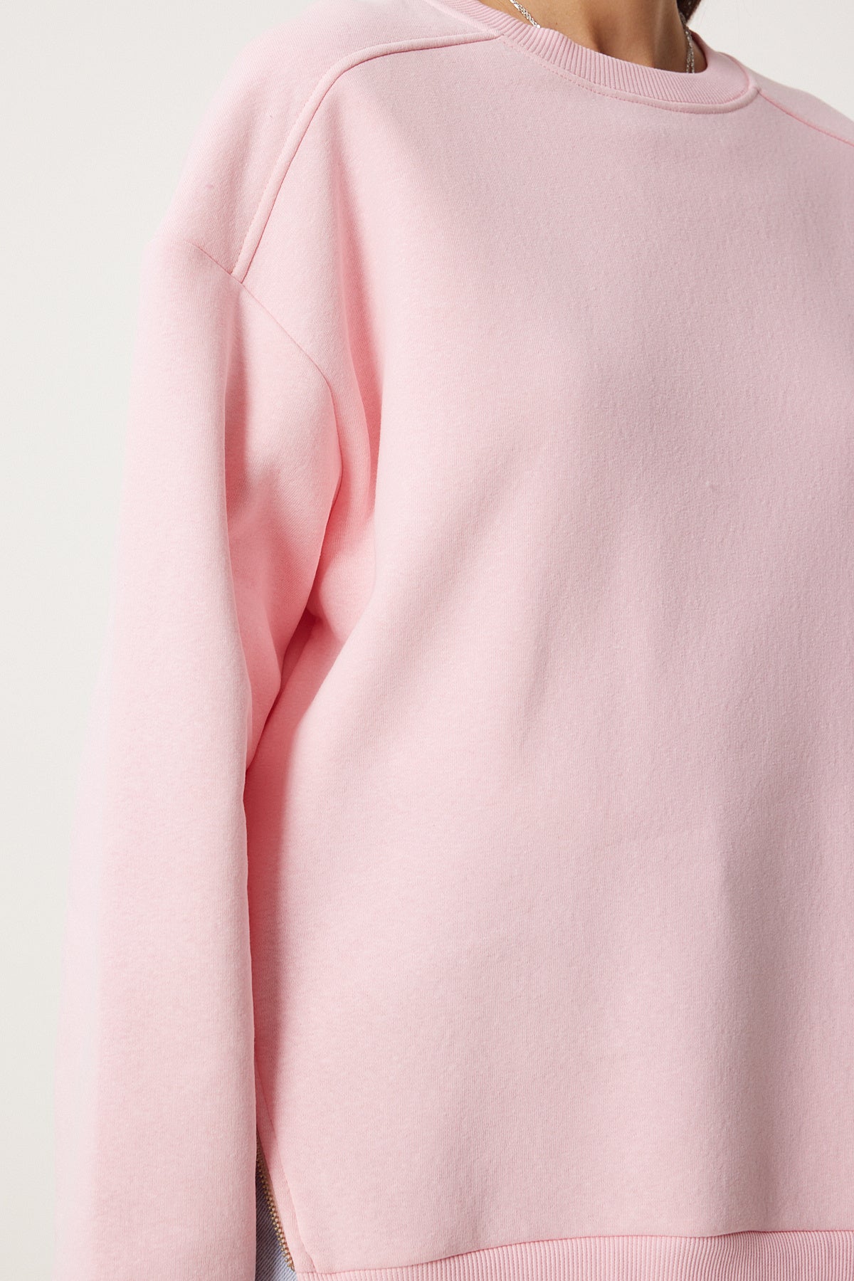 Pembe Fermuar Detaylı Şardonlu Örme Sweatshirt UB00148