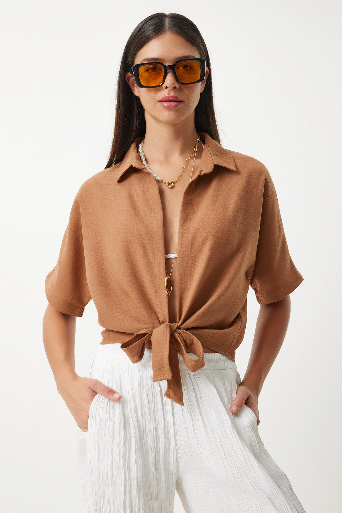 Camel Bağlama Detaylı Keten Bluz MX00151
