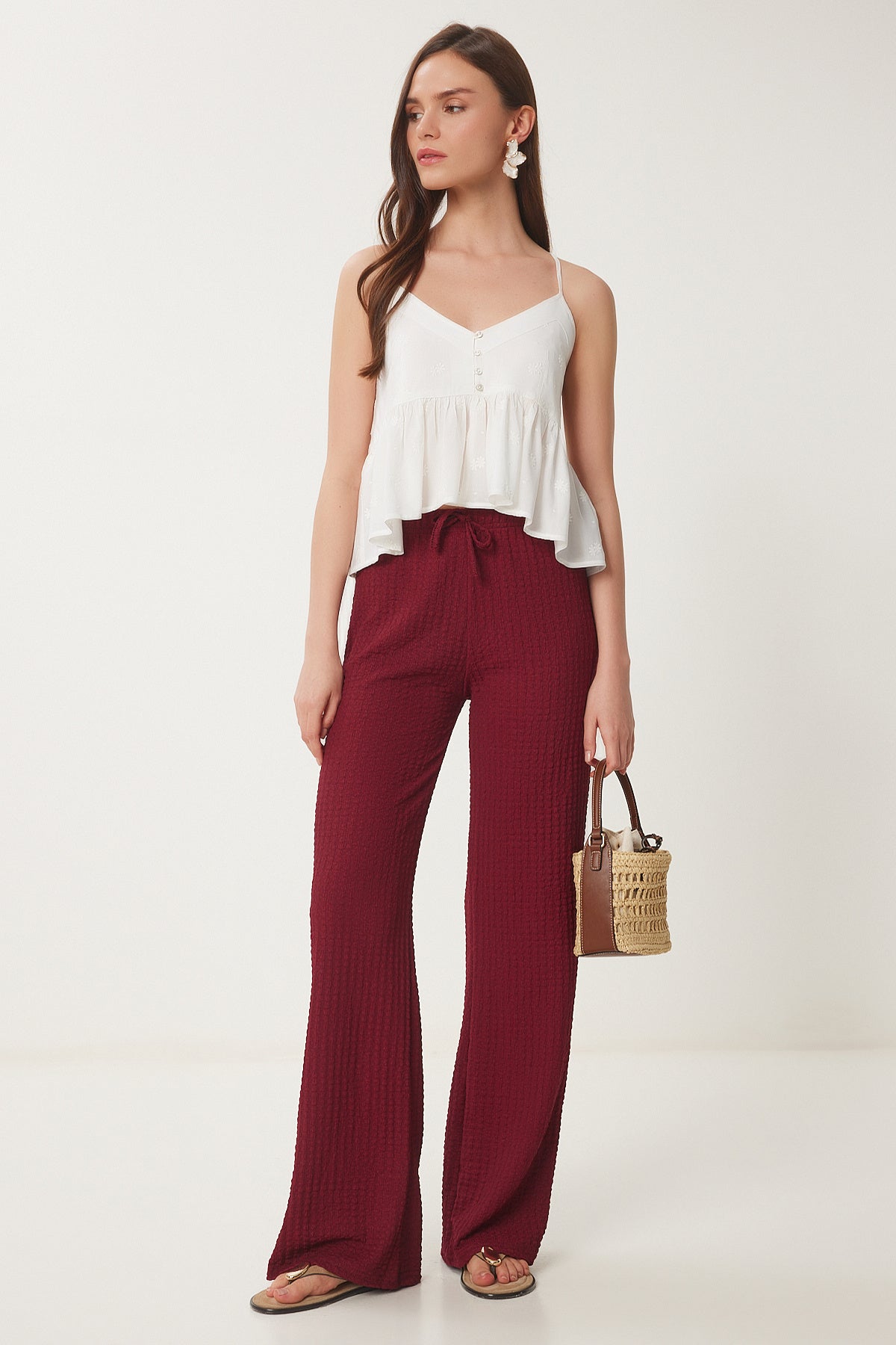 Bordo Dokulu Geniş Paça Yazlık Örme Pantolon ZV00272