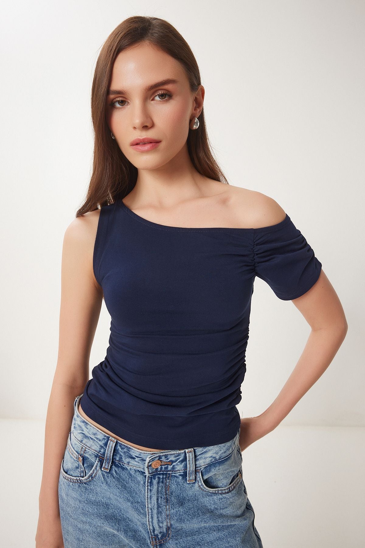Lacivert Büzgü Detaylı Örme Bluz ZV00275