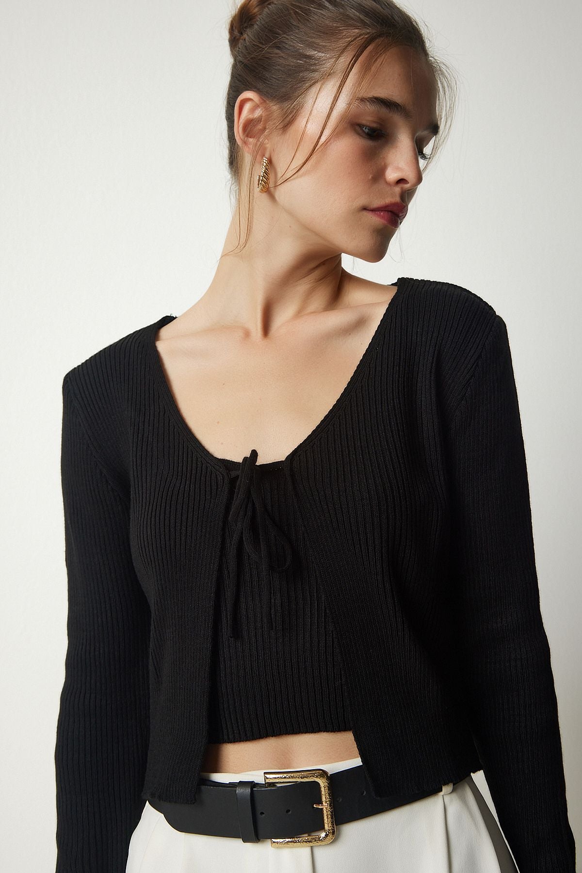 Siyah Fitilli Triko Crop Hırka Takım MT00143