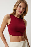 Bordo Halter Yaka Crop Örme Bluz OW00039