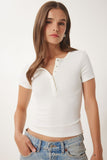Kemik Çıtçıtlı Basic Örme Crop Bluz FW00004
