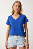 Mavi V Yaka Basic Örme T-Shirt  UB00261