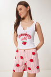 Pembe Beyaz Baskılı Şortlu Örme Pijama Takımı CE00096