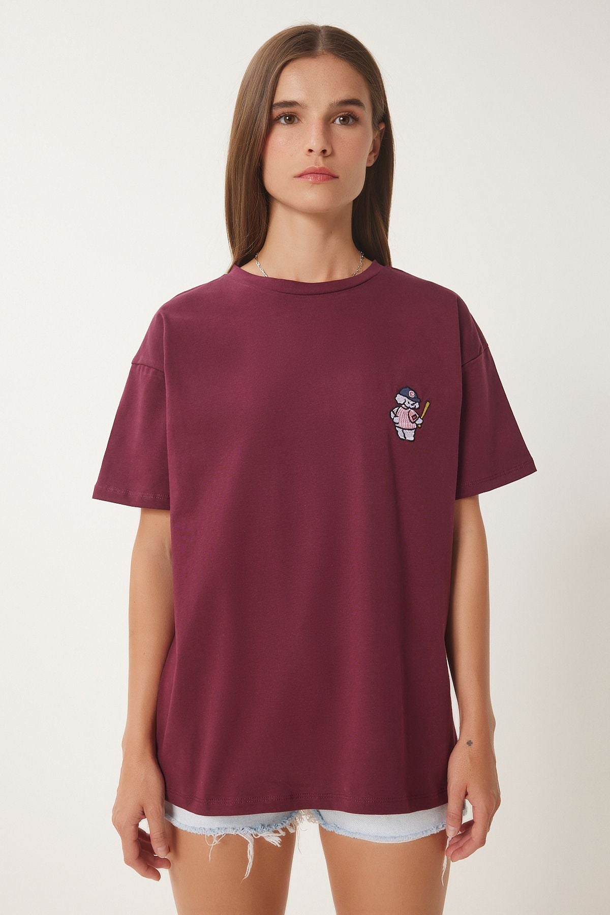 Bordo Ayıcık İşlemeli Pamuklu Örme T-Shirt CR00485