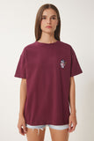 Bordo Ayıcık İşlemeli Pamuklu Örme T-Shirt CR00485