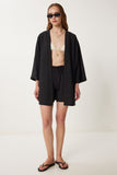 Siyah Keten Kimono Şort Takım WF00105