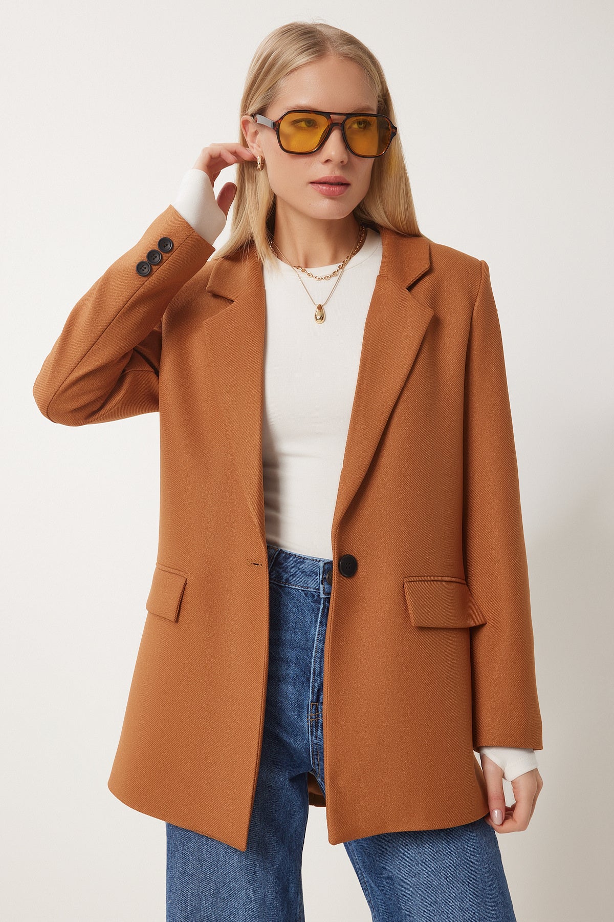 Taba Vatkalı Dokuma Blazer Ceket HL00005