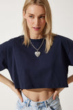 Lacivert %100 Pamuk Oversize Crop Örme T-Shirt BP00164