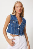 Koyu Mavi Cepli Crop Denim Yelek OK00063
