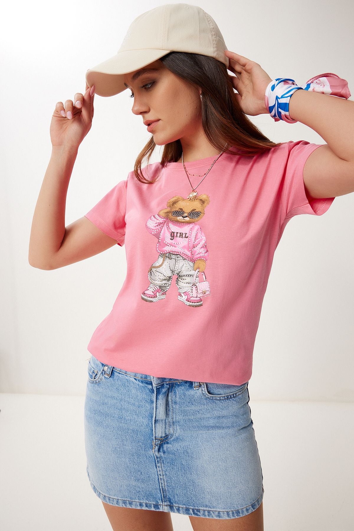 Pembe Taş Detaylı Ayıcık Baskılı Örme T-Shirt BW00001