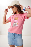 Pembe Taş Detaylı Ayıcık Baskılı Örme T-Shirt BW00001